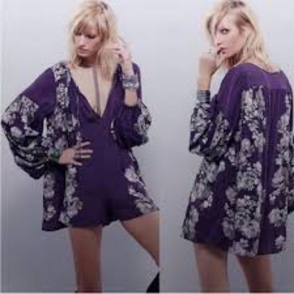Free People Sunset Boulevard Purple Moody Floral Long Sleeve Oversized Romper